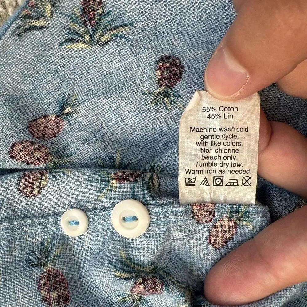 J.Crew Shirt Mens Medium Blue Pineapple Linen Cotton Slim Vacation Resort Wear